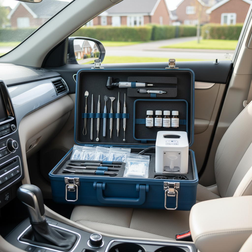 A portable ear microsuction kit laid out in an organized manner on the cushioned seat of a neutral-toned car interior, representing mobile hearing services. A sturdy medical-grade carry case is open, revealing neatly arranged tools, a compact suction device, sterile disposable tips in individual packets, and small labeled solution bottles. Soft natural daylight filters through car windows, casting gentle, even illumination without harsh shadows. Photographic realism, shot from a slightly elevated angle to show the entire kit clearly, with the dashboard and distant blurred houses outside the window hinting at home visits. The mood is professional yet approachable, conveying convenience, cleanliness, and trust.
